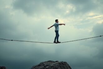 Muž vyvažujúci na laně, symbolizujúci stabilitu a rovnováhu v zdraví.