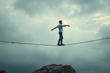 Muž vyvažujúci na laně, symbolizujúci stabilitu a rovnováhu v zdraví.