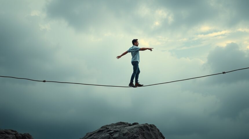 Muž vyvažujúci na laně, symbolizujúci stabilitu a rovnováhu v zdraví.