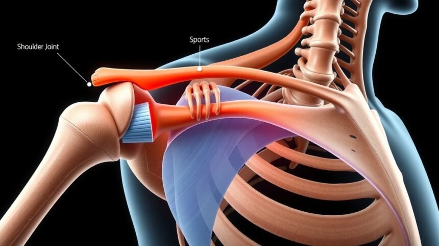 Detail ramenného kĺbu zobrazujúci svaly a štruktúry pre stabilitu a pohyblivosť.