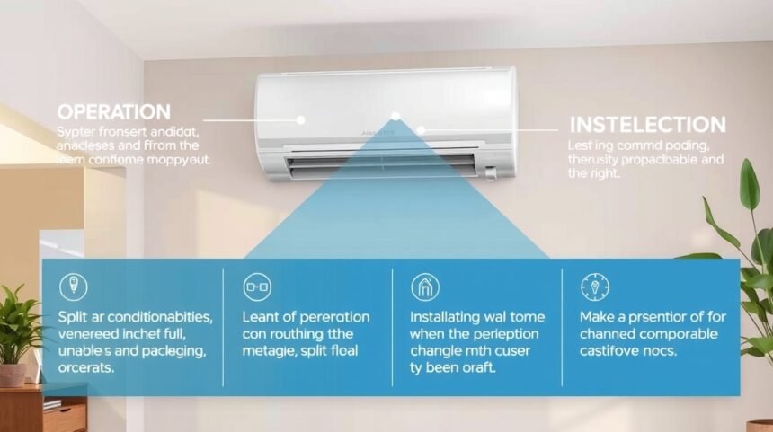 Invertorová split klimatizácia v interiéri s informáciami o jej prevádzke.
