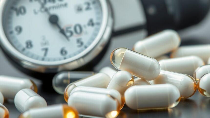 L-karnitínové kapsuly a tlakomer na stole