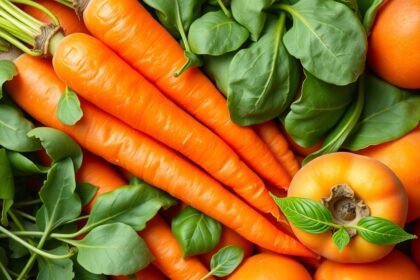 Hromada mrkvy a listovej zeleniny s pomarančmi