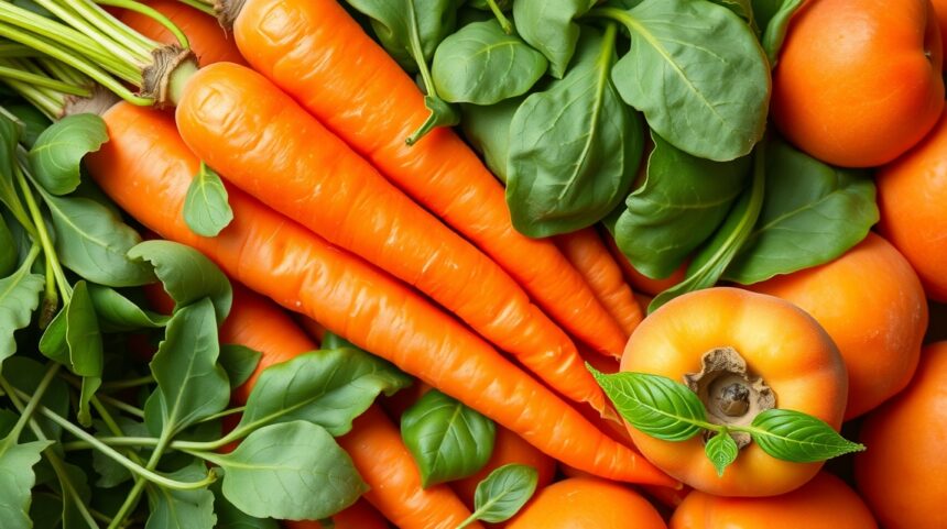 Hromada mrkvy a listovej zeleniny s pomarančmi