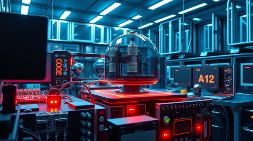 Moderný kvantový počítač v laboratóriu s futuristickým dizajnom.