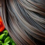 Zdravé vlasy s čerstvými potravinami bohatými na železo.