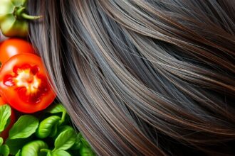 Zdravé vlasy s čerstvými potravinami bohatými na železo.