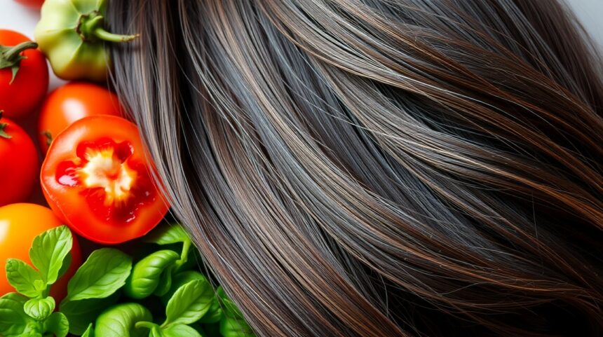 Zdravé vlasy s čerstvými potravinami bohatými na železo.