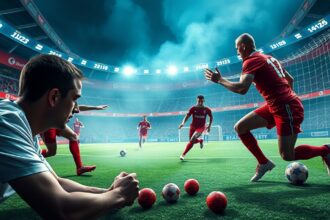 Futbalisti hrajúci na ihrisku počas napínavého zápasu.