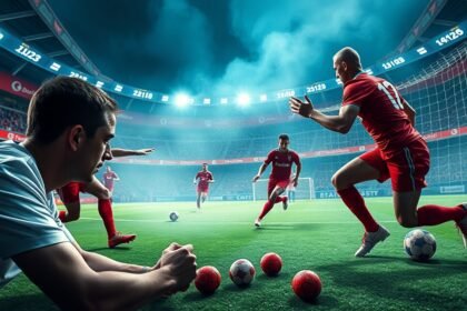 Futbalisti hrajúci na ihrisku počas napínavého zápasu.