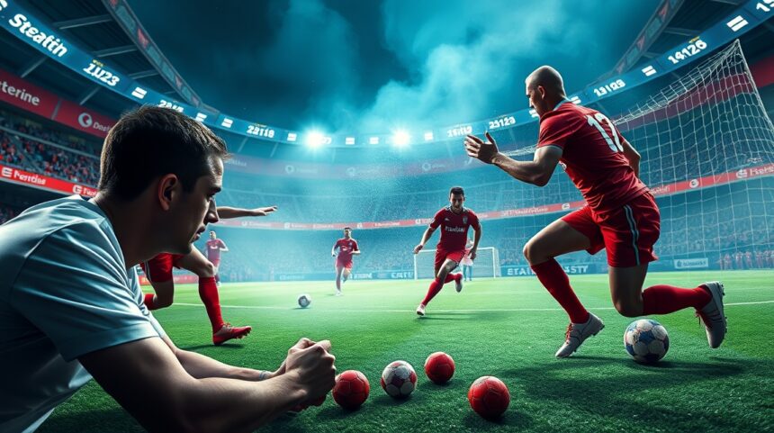 Futbalisti hrajúci na ihrisku počas napínavého zápasu.