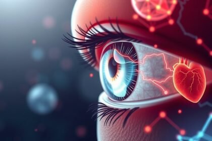 Oko so symbolmi srdca a zdravia, reprezentujúca úlohu DHA.