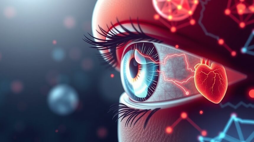 Oko so symbolmi srdca a zdravia, reprezentujúca úlohu DHA.