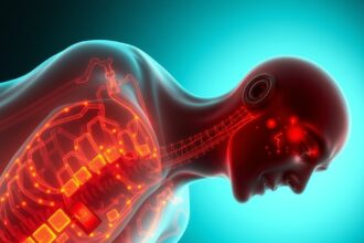 Ilustrácia vyžarujúceho človeka znázorňujúceho vnútorné poškodenie spôsobené báriom.