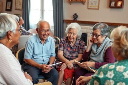 Dôchodcovské družstvo: Starší ľudia diskutujú v komunitnom prostredí.