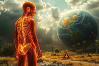 Ilustrácia vplyvu rádioaktívneho žiarenia na ľudské telo a ekosystém.