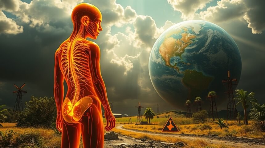 Ilustrácia vplyvu rádioaktívneho žiarenia na ľudské telo a ekosystém.