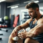 Mladý muž v posilňovni kontroluje doplnok stravy s glutamínom.