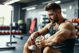 Mladý muž v posilňovni kontroluje doplnok stravy s glutamínom.