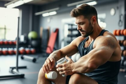 Mladý muž v posilňovni kontroluje doplnok stravy s glutamínom.