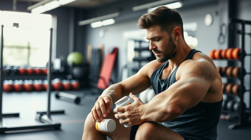 Mladý muž v posilňovni kontroluje doplnok stravy s glutamínom.