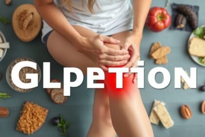 Žena sa drží za koleno so zápalom, okolo sú potraviny bez gluténu.