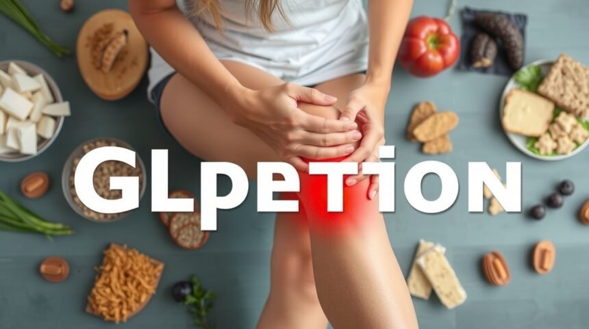 Žena sa drží za koleno so zápalom, okolo sú potraviny bez gluténu.