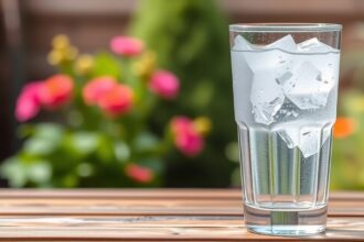 Sklo s destilovanou vodou a ľadom na drevenom stole