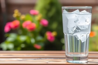 Sklo s destilovanou vodou a ľadom na drevenom stole