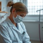 Zdravotná sestra v maske pri práci v zdravotníckom prostredí.