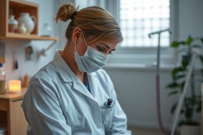 Zdravotná sestra v maske pri práci v zdravotníckom prostredí.