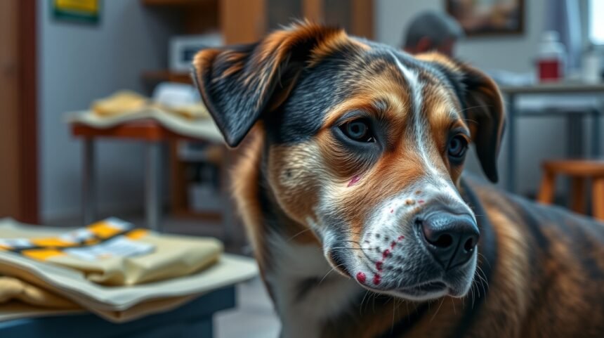 Pes po otravě jedom na potkany v veterinární ordinaci