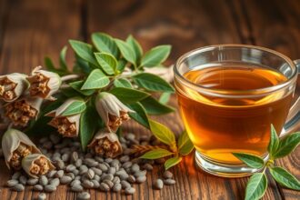 Čaj z divokej štiavky s bylinkami a semienkami na drevenom stole