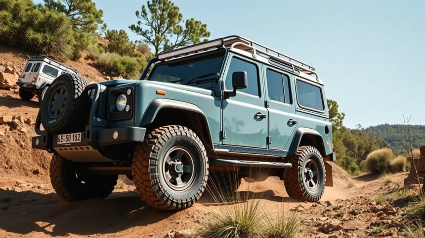 Off-road vehicle with four-wheel drive on rugged terrain