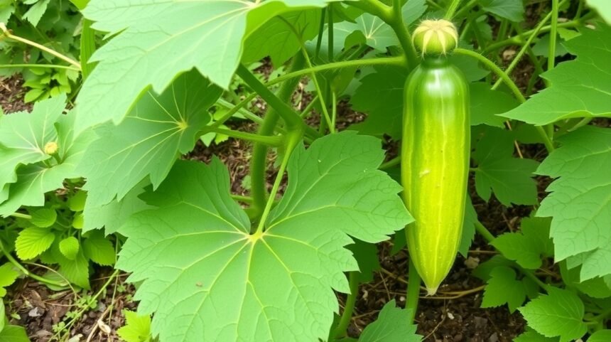 Zelená horká uhorka rastúca medzi listami na záhrade