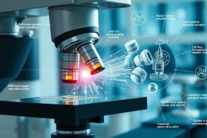 Detail optického mikroskopu s ukážkami vedeckých aplikácií.