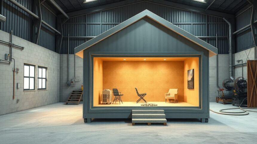 Moderná pieskovacia kabína v priemyselnej haly