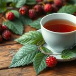 Šálka čaju z morušových listov s bobuľami a listami na drevenom stole