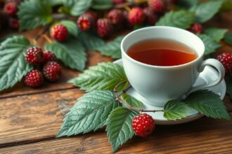 Šálka čaju z morušových listov s bobuľami a listami na drevenom stole