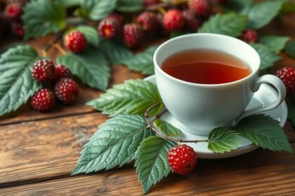 Šálka čaju z morušových listov s bobuľami a listami na drevenom stole