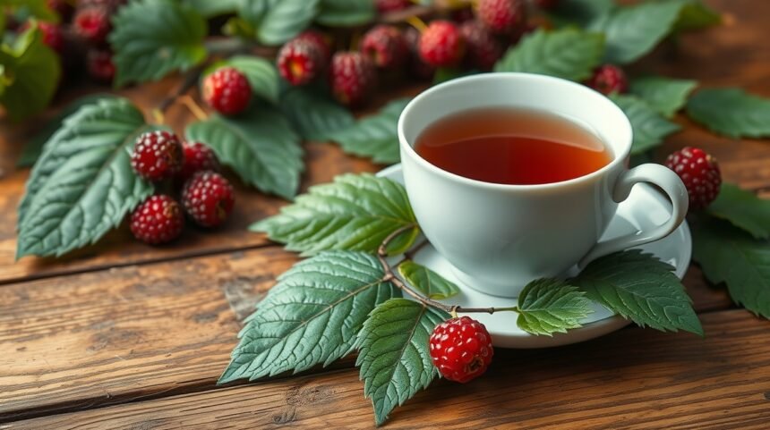 Šálka čaju z morušových listov s bobuľami a listami na drevenom stole