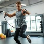 Muž skáče cez švihadlo v posilňovni, posilňuje kondíciu a zdravie.