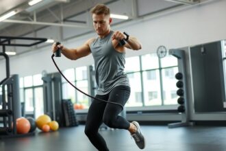 Muž skáče cez švihadlo v posilňovni, posilňuje kondíciu a zdravie.