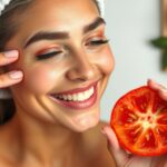 Mladá žena s úsmevom drží paradajku pre zdravú pleť.