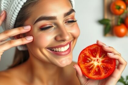 Mladá žena s úsmevom drží paradajku pre zdravú pleť.