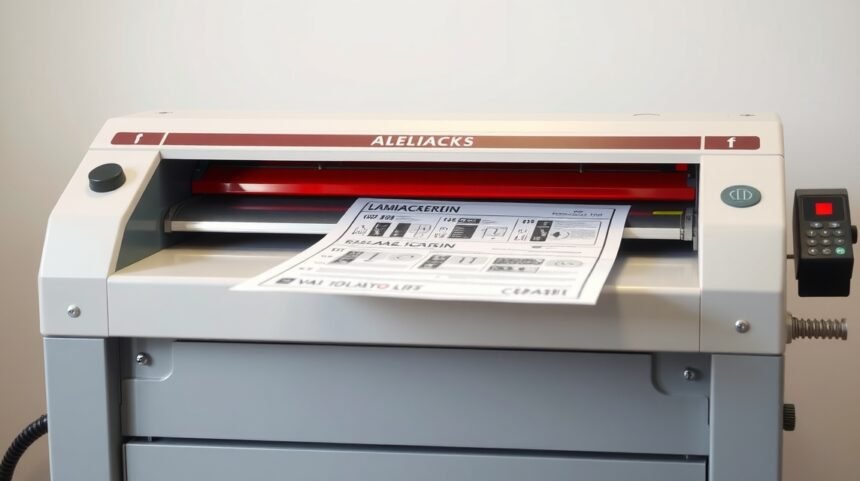 Laminovacie zariadenie s vychádzajúcim dokumentom na ochranu