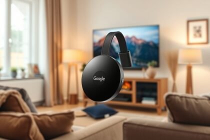 Google Chromecast v obývacej izbe s televízorom v pozadí