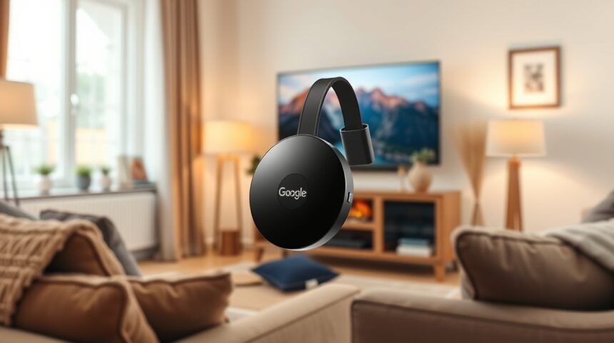 Google Chromecast v obývacej izbe s televízorom v pozadí