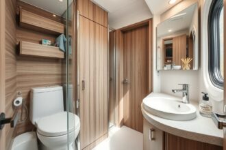 Moderná karavanová toaleta s hygienickým umývadlom a sklenými dverami.