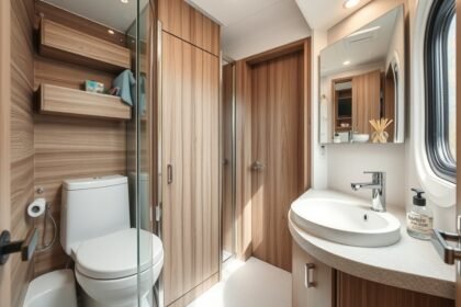 Moderná karavanová toaleta s hygienickým umývadlom a sklenými dverami.